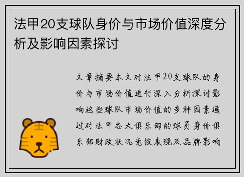 法甲20支球队身价与市场价值深度分析及影响因素探讨