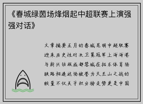 《春城绿茵场烽烟起中超联赛上演强强对话》
