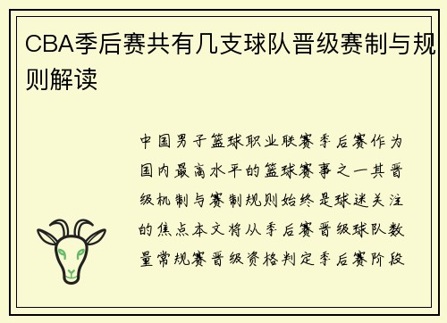 CBA季后赛共有几支球队晋级赛制与规则解读