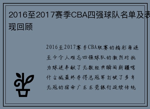 2016至2017赛季CBA四强球队名单及表现回顾
