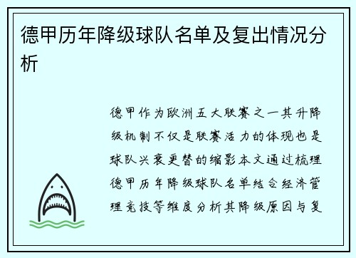 德甲历年降级球队名单及复出情况分析